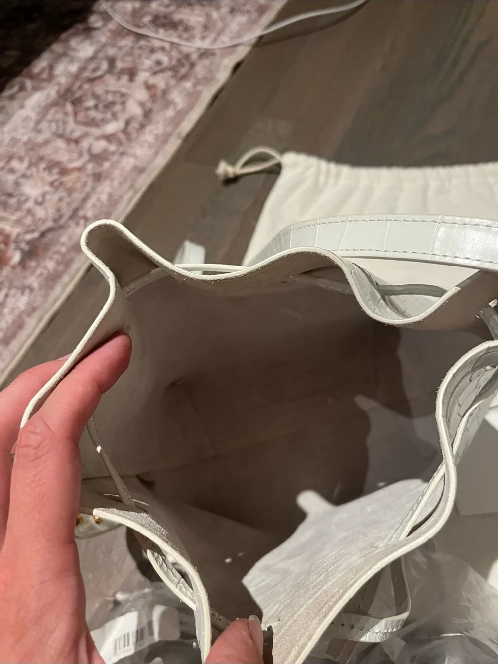 Mansur Gavriel White Croc-Embossed Drawstring Bucket Bag